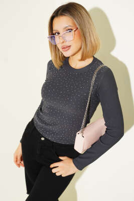 Mini Serpme Taşlı Bluz Füme 