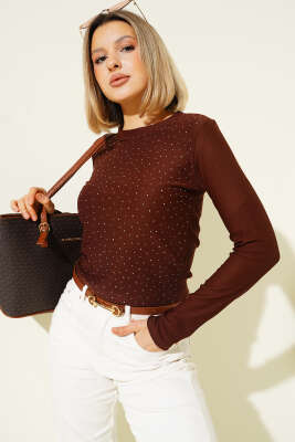 Mini Serpme Taşlı Bluz Kahve - Yılın Fırsatı