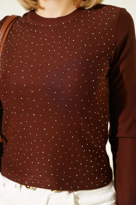 Mini Serpme Taşlı Bluz Kahve - Yılın Fırsatı