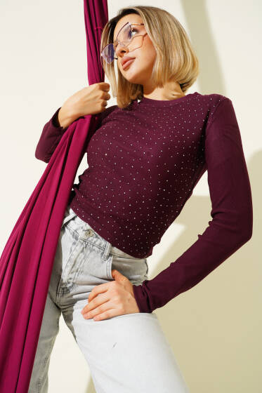 Mini Serpme Taşlı Bluz Mürdüm - Yılın Fırsatı