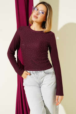 Mini Serpme Taşlı Bluz Mürdüm - Yılın Fırsatı