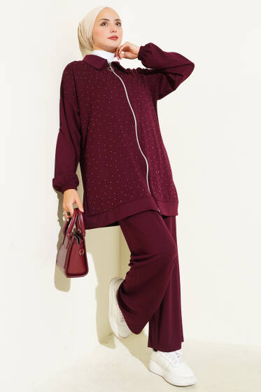 Mini Serpme Taşlı İkili Takım Bordo - İkili Takım