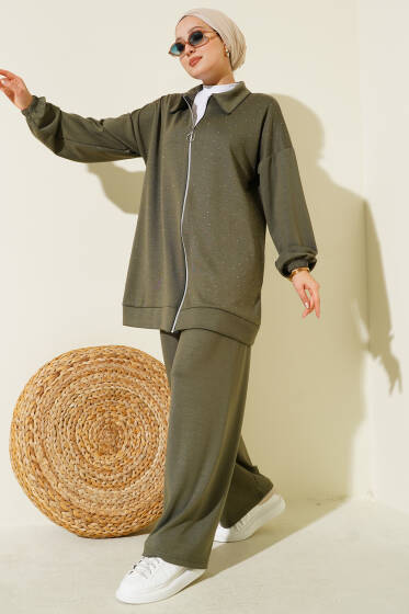 Mini Serpme Taşlı İkili Takım Haki - İkili Takım
