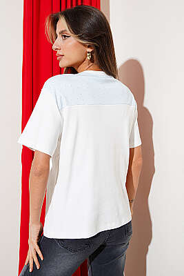 Mini Taş Atkılı T-shirt Buz Mavisi - Kadın Giyim Modelleri