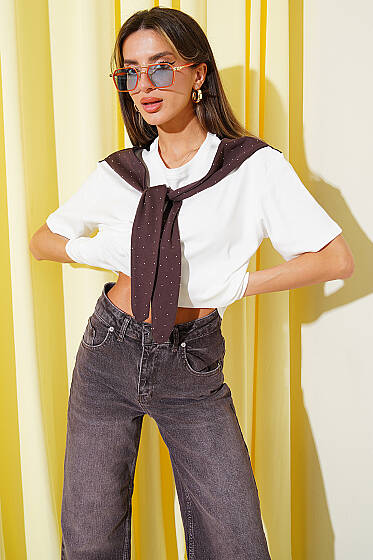 Mini Taş Atkılı T-shirt Kahve - Kadın Giyim Modelleri