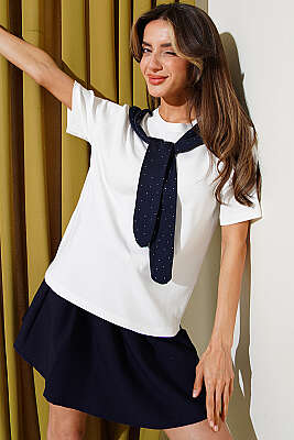 Mini Taş Atkılı T-shirt Lacivert - DESTİNA