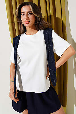 Mini Taş Atkılı T-shirt Lacivert - Kadın Giyim Modelleri