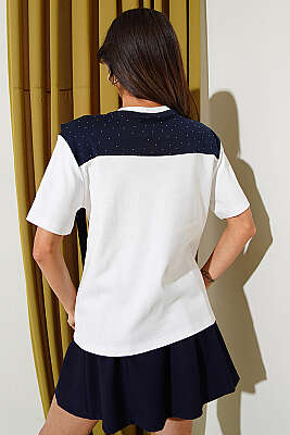 Mini Taş Atkılı T-shirt Lacivert - Kadın Giyim Modelleri