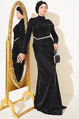 Mini Taş Detaylı Abiye Elbise Siyah 