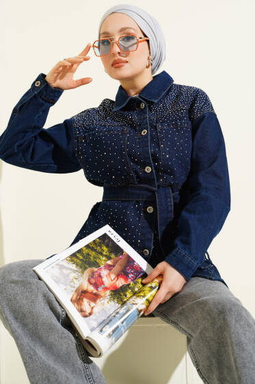 Mini Taş Detaylı Kuşaklı Ceket Koyu Mavi - Ceket