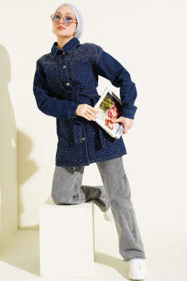 Mini Taş Detaylı Kuşaklı Ceket Koyu Mavi - Ceket