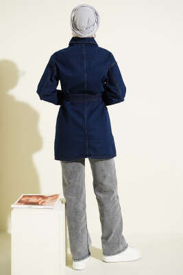 Mini Taş Detaylı Kuşaklı Ceket Koyu Mavi - Ceket