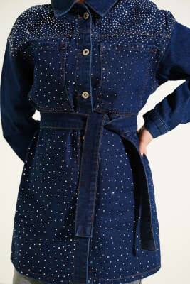 Mini Taş Detaylı Kuşaklı Ceket Koyu Mavi - Ceket