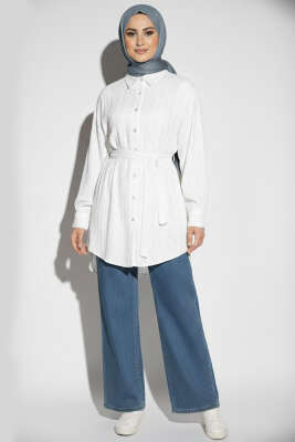 Mini Taş Detaylı Kuşaklı Gömlek Ekru 