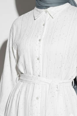 Mini Taş Detaylı Kuşaklı Gömlek Ekru - Gömlek