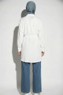 Mini Taş Detaylı Kuşaklı Gömlek Ekru - Gömlek