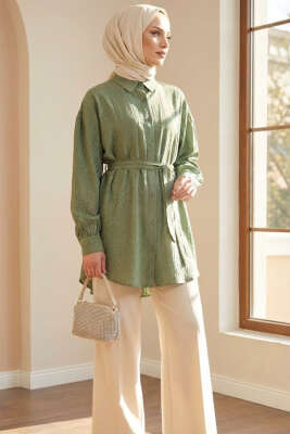 Mini Taş Detaylı Kuşaklı Gömlek Haki 