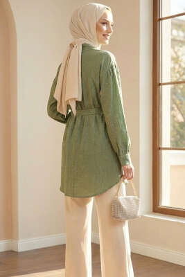 Mini Taş Detaylı Kuşaklı Gömlek Haki - Gömlek