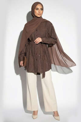 Mini Taş Detaylı Kuşaklı Gömlek Kahve 