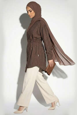 Mini Taş Detaylı Kuşaklı Gömlek Kahve - Gömlek