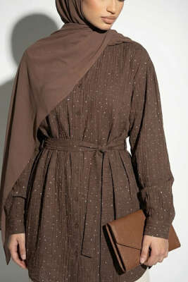 Mini Taş Detaylı Kuşaklı Gömlek Kahve - Gömlek