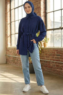 Mini Taş Detaylı Kuşaklı Gömlek Lacivert - NEVA MODA