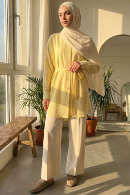 Mini Taş Detaylı Kuşaklı Gömlek Sarı - Gömlek