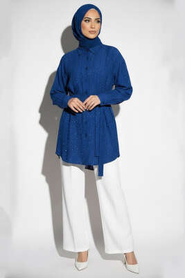 Mini Taş Detaylı Kuşaklı Gömlek Sax Mavi - NEVA MODA