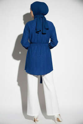 Mini Taş Detaylı Kuşaklı Gömlek Sax Mavi - Gömlek