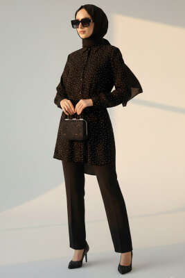 Mini Taş Detaylı Kuşaklı Gömlek Siyah 