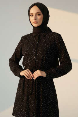 Mini Taş Detaylı Kuşaklı Gömlek Siyah - Gömlek