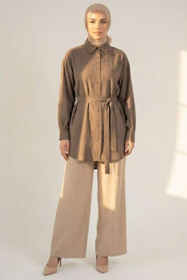 Mini Taş Detaylı Kuşaklı Gömlek Vizon 