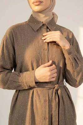 Mini Taş Detaylı Kuşaklı Gömlek Vizon - Gömlek