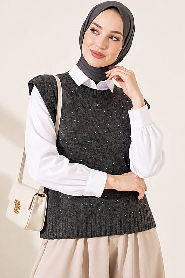 Mini Taş Detaylı Triko Süveter Füme - Triko