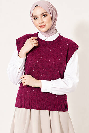 Mini Taş Detaylı Triko Süveter Magenta - Triko