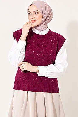 Mini Taş Detaylı Triko Süveter Magenta - Triko