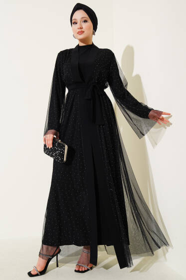 Mini Taş Süslemeli Abaya Siyah - Elbise