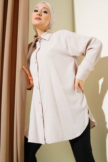 Mini Taş Süslemeli Gömlek Bej - Gömlek