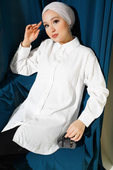 Mini Taş Süslemeli Gömlek Beyaz - Gömlek