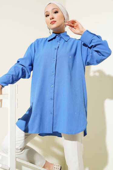 Mini Taş Süslemeli Gömlek İndigo - Gömlek