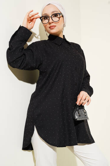 Mini Taş Süslemeli Gömlek Siyah - Gömlek