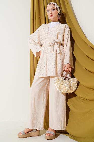 Mini Taş Süslemeli Kimono İkili Takım Bej - İkili Takım