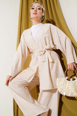 Mini Taş Süslemeli Kimono İkili Takım Bej - İkili Takım