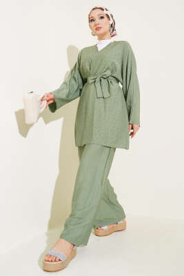 Mini Taş Süslemeli Kimono İkili Takım Çağla Yeşili 