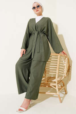 Mini Taş Süslemeli Kimono İkili Takım Haki 