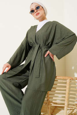 Mini Taş Süslemeli Kimono İkili Takım Haki - İkili Takım