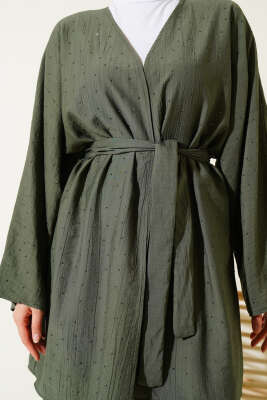 Mini Taş Süslemeli Kimono İkili Takım Haki - İkili Takım