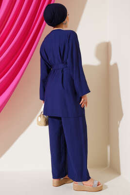 Mini Taş Süslemeli Kimono İkili Takım Lacivert - İkili Takım