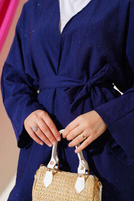 Mini Taş Süslemeli Kimono İkili Takım Lacivert - İkili Takım
