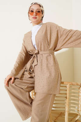 Mini Taş Süslemeli Kimono İkili Takım Latte 